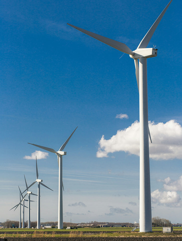 Four large white wind turbines stand in a row on green grass under a clear blue sky with a few clouds. Buildings and trees are visible in the distant background.