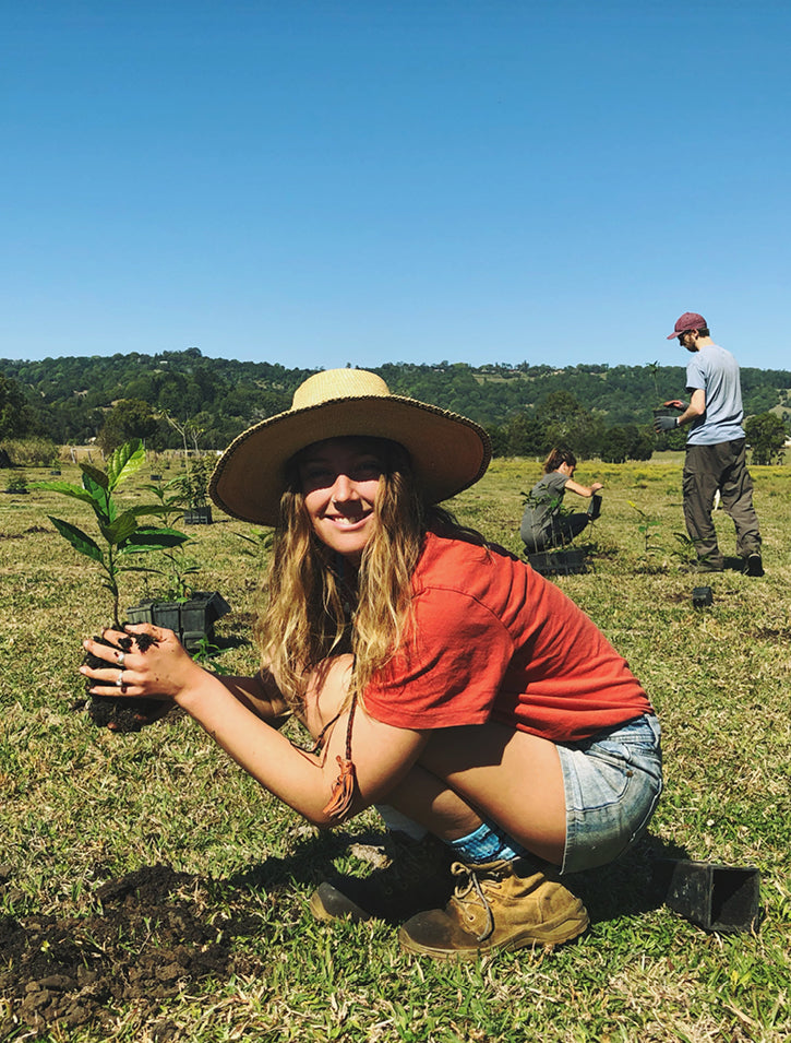 A woman in a straw hat and red shirt smiles while planting a small tree in a field. Two other people work in the background under a clear blue sky.