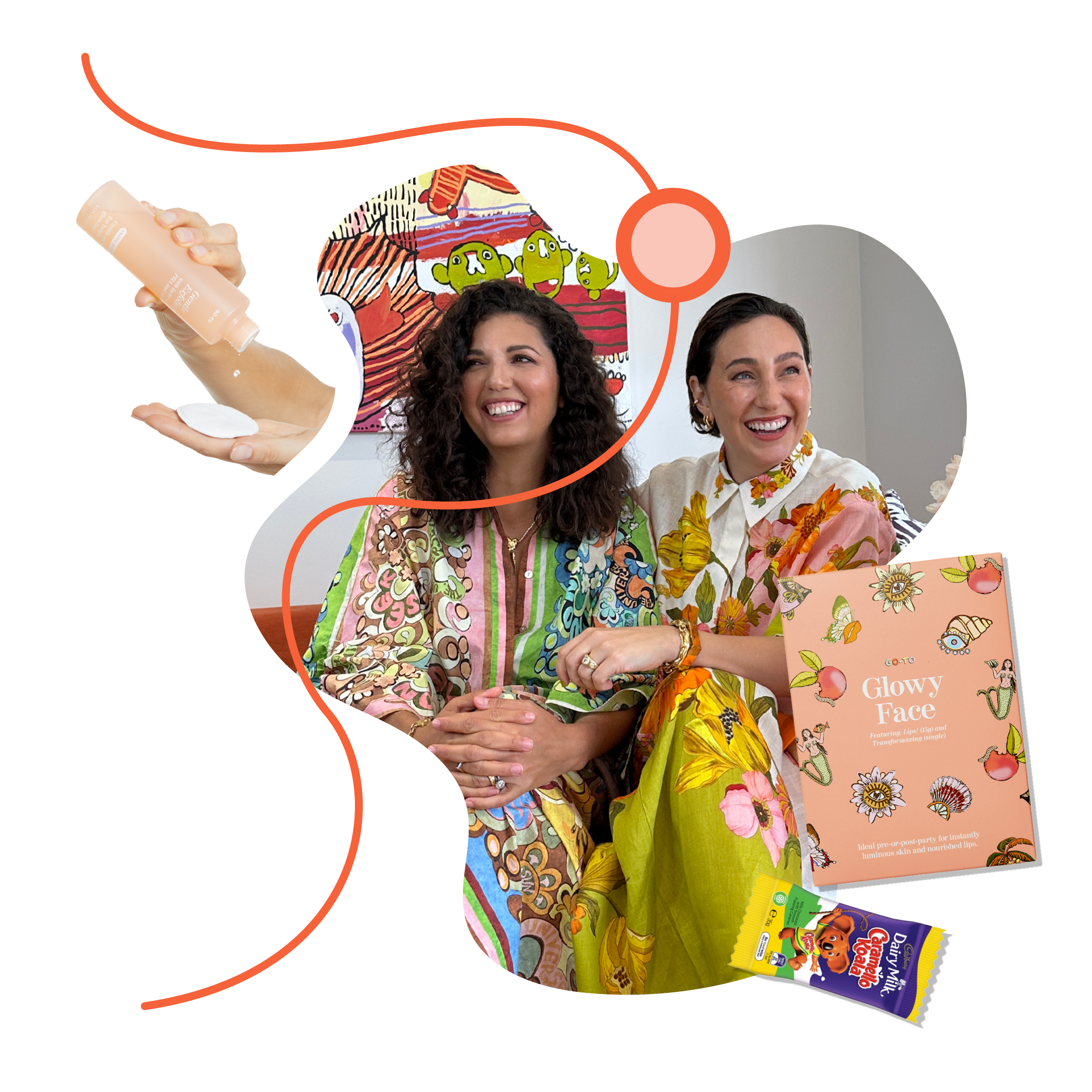 Two smiling women in colorful, floral-patterned dresses sit together indoors. A hand dispenses a skincare product, and nearby, there’s a pink Glowy Face mask pack and a small candy package. Orange graphic lines decorate the image.