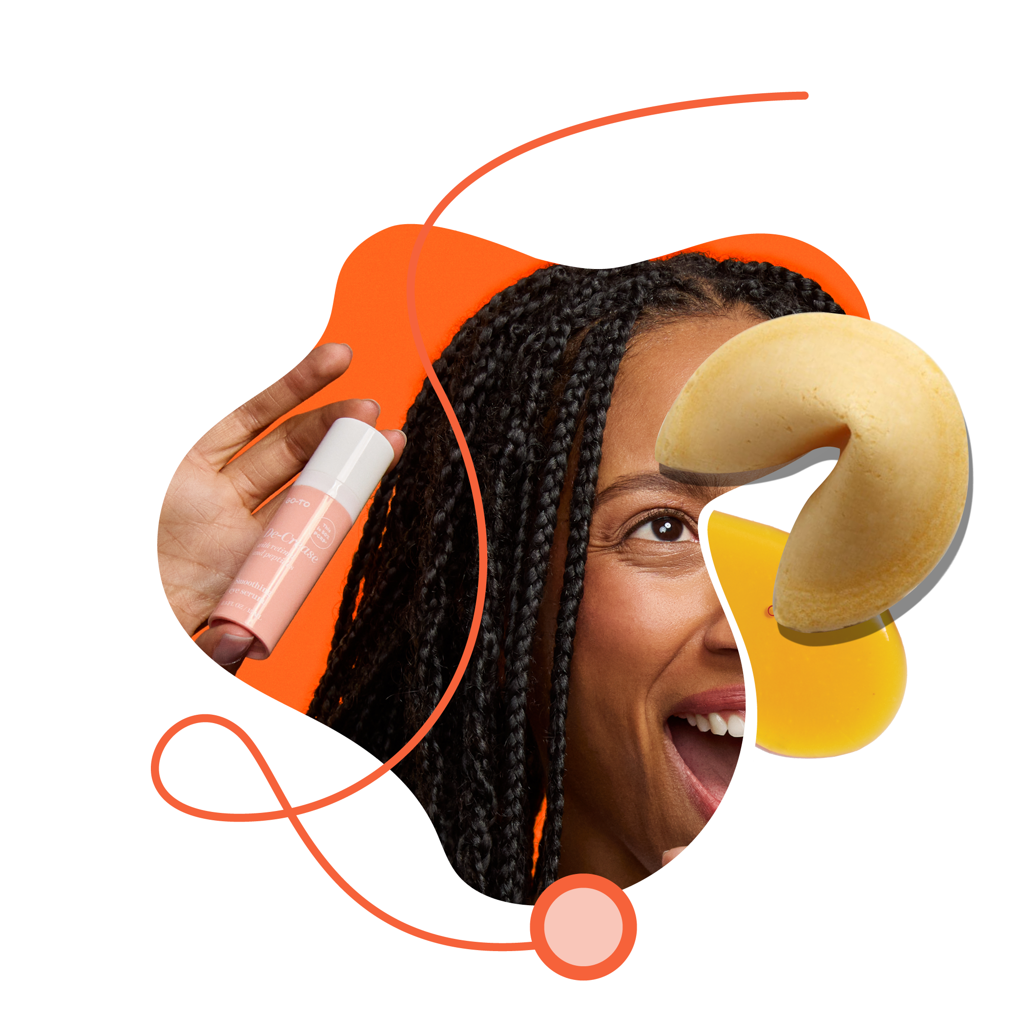 A smiling woman with braided hair holds a cosmetic product against an orange background, with abstract shapes and a fortune cookie graphic layered over the image.