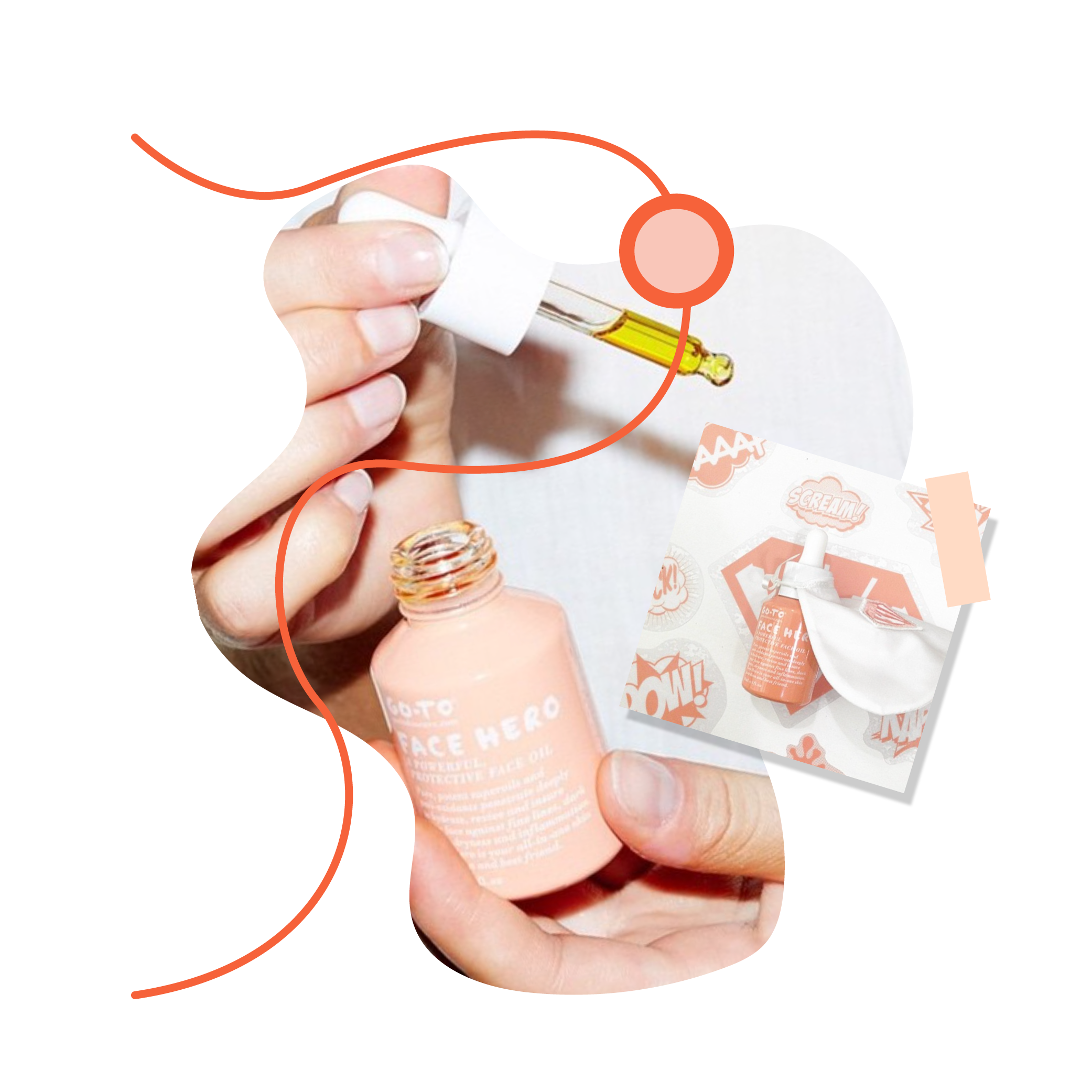 A person holds a peach-colored dropper bottle labeled Face Hero with a drop of oil about to fall. The background includes abstract orange lines and a small graphic of the product packaging.