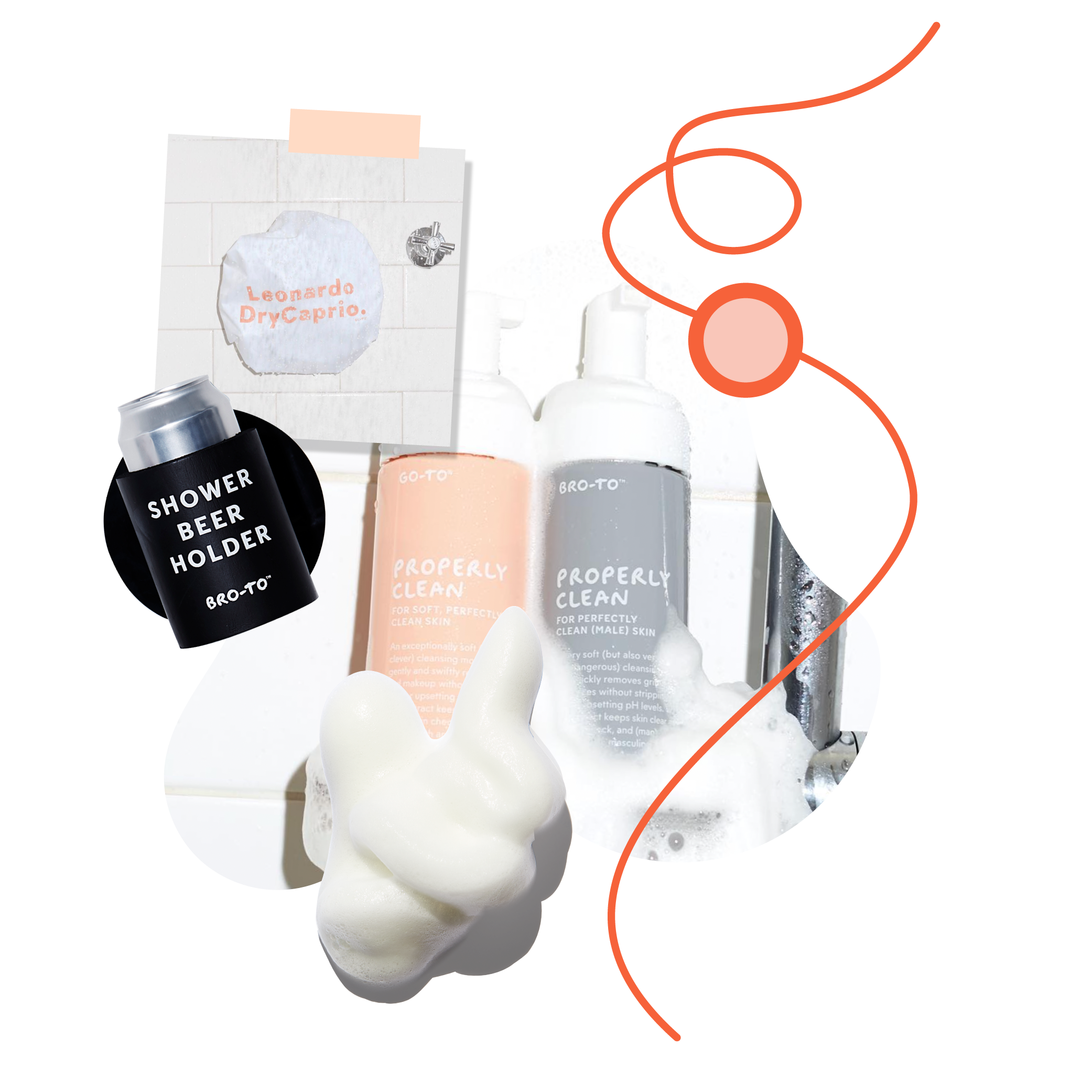 A playful arrangement featuring Go-To skincare bottles with foamy soap, a shower beer holder, a note labeled Leonardo DryCaprio, and an abstract orange line design on a light background.