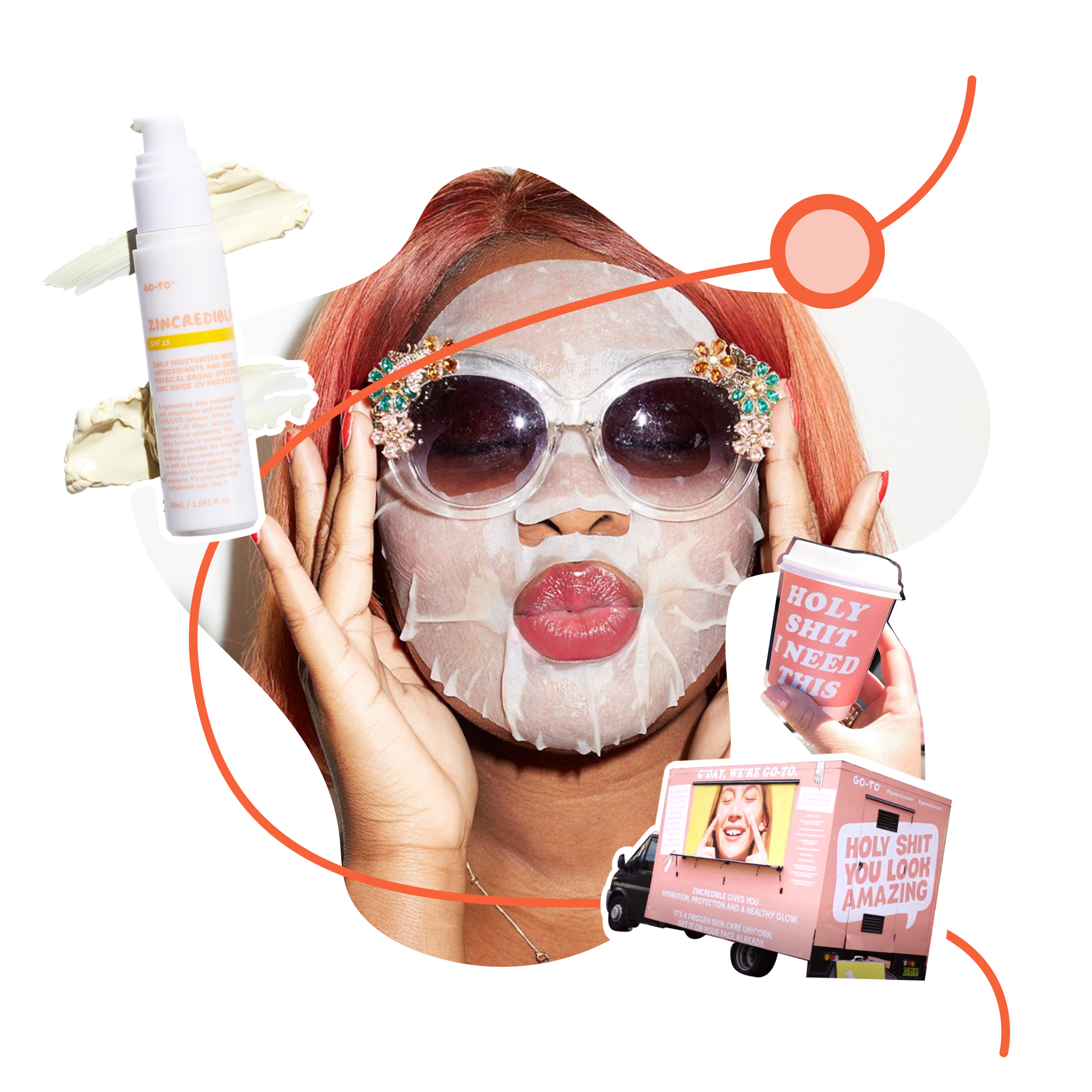 A woman with a sheet mask and sunglasses poses playfully; skincare products, a cup, and a billboard with “HOLY SHIT YOU LOOK AMAZING” surround her; graphic elements add a fun, modern vibe.