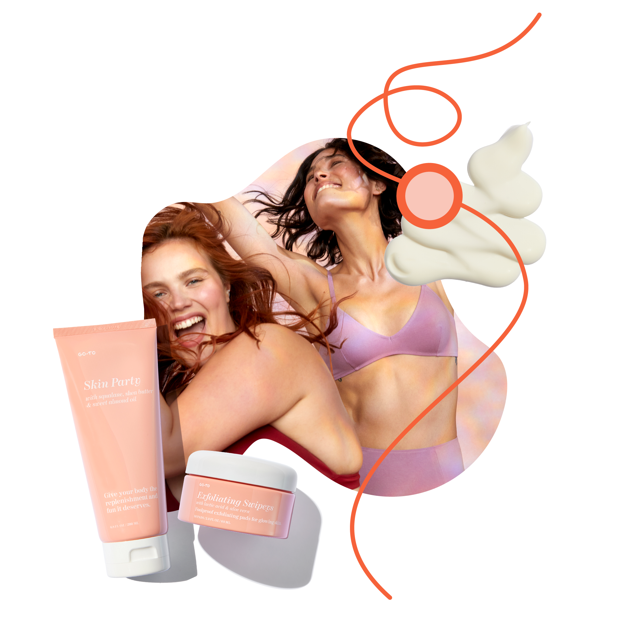 Two smiling women in light purple underwear pose joyfully. Skincare products, a tube and a jar labeled Skin Party and Exfoliating Swipeys, plus a swirl of cream and orange decorative line, appear beside them on a light background.