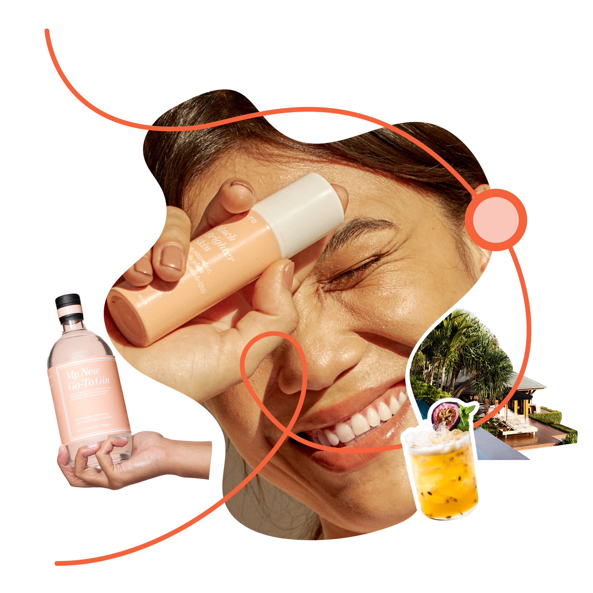 A smiling woman holds a peach-colored skincare bottle near her face, with illustrated hands holding a matching bottle, a tropical drink, and a resort-style house, all connected by an orange wavy line.