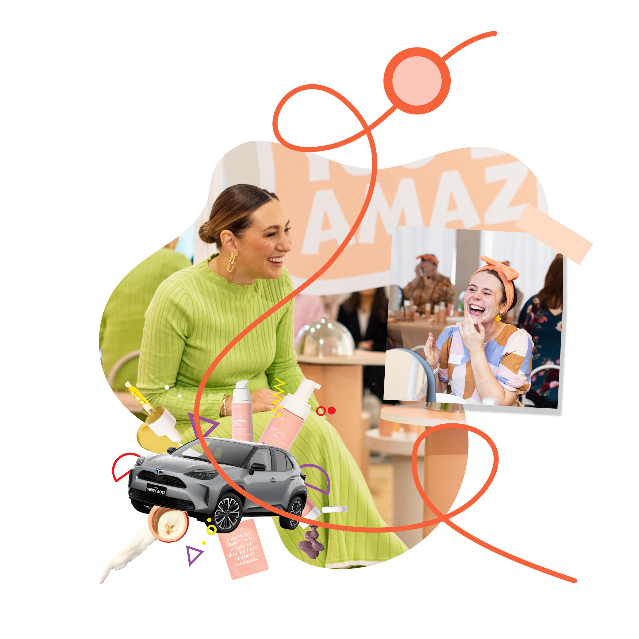A woman in a green dress smiles while sitting, with a collage of beauty products, a car, and a smaller photo of another woman laughing, all connected by a red squiggly line on a light background.
