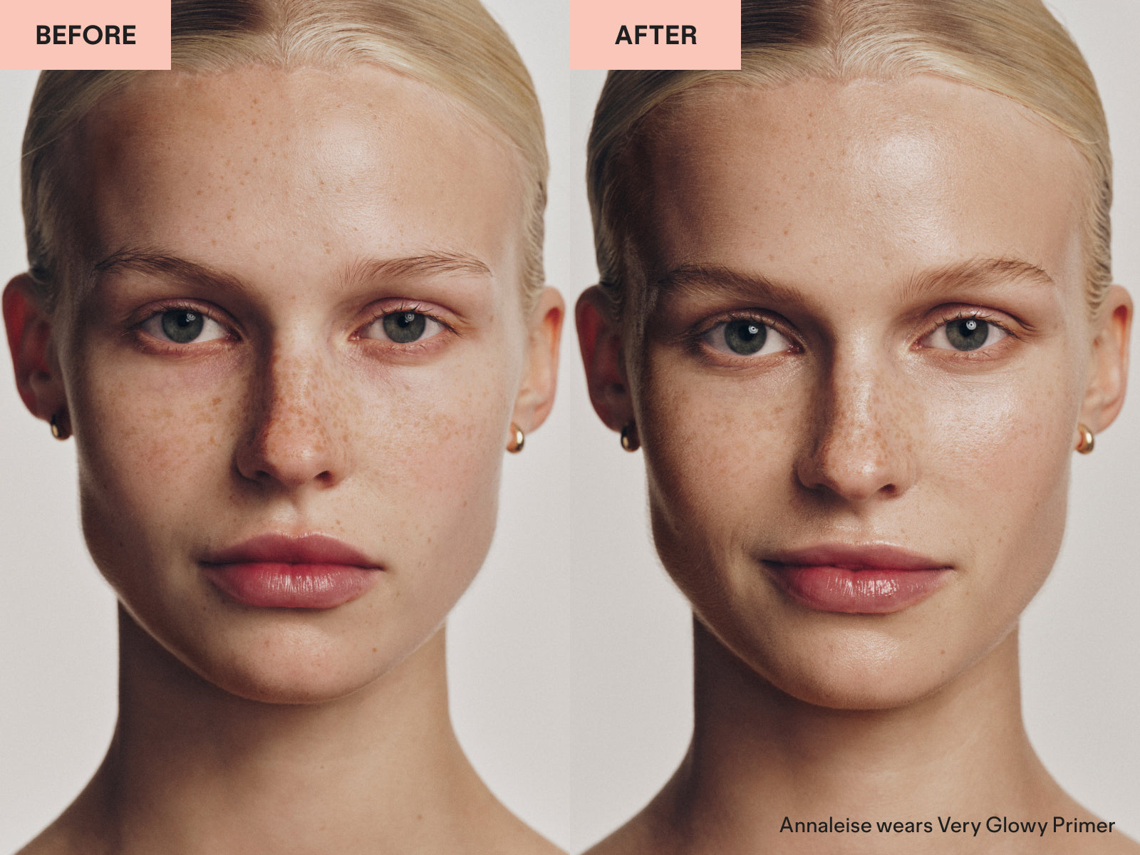 Side-by-side photos of a woman with light skin and blonde hair labeled “Before” and “After,” showing smoother, more radiant skin in the “After” image, as she wears Very Glowy Primer.