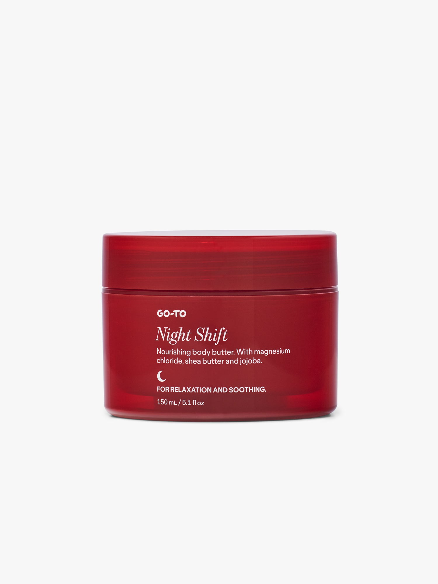 Red jar of Go-To Night Shift body butter on a white background