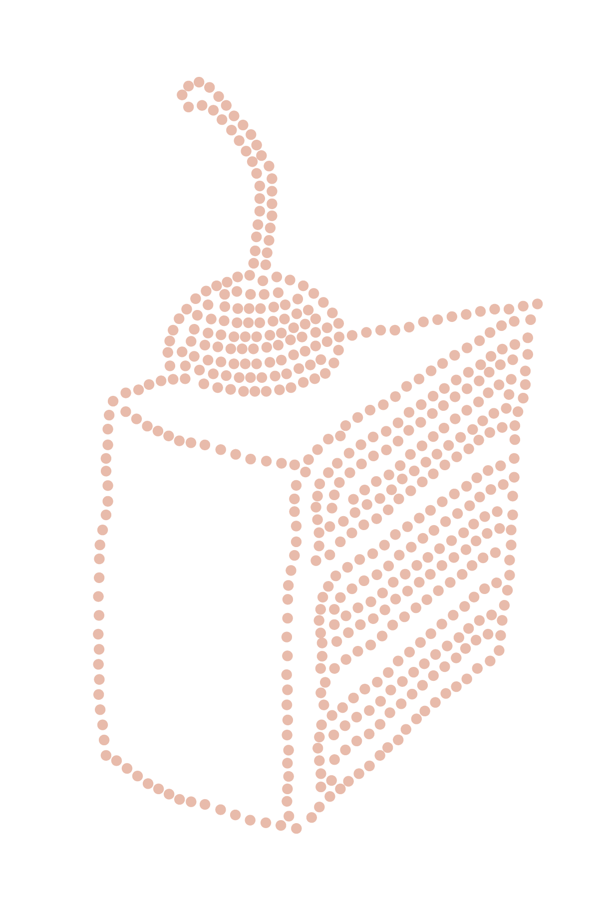 A slice of cake with layered filling and a cherry on top, illustrated using evenly spaced, light brown dots on a white background.