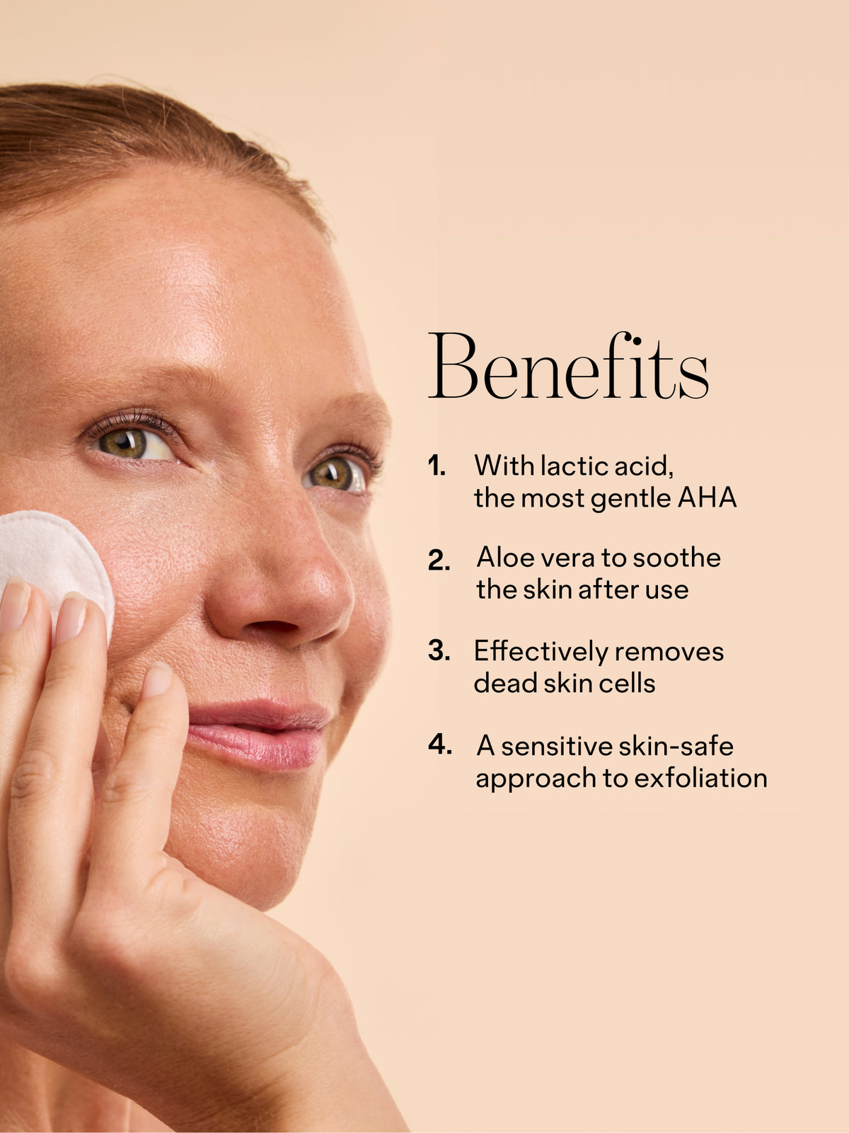 Benefits infographic for Go To Skincare Gentle Exfoliator showing a woman applying toner with a cotton pad and highlighting lactic acid aloe vera dead skin removal and sensitive skin care