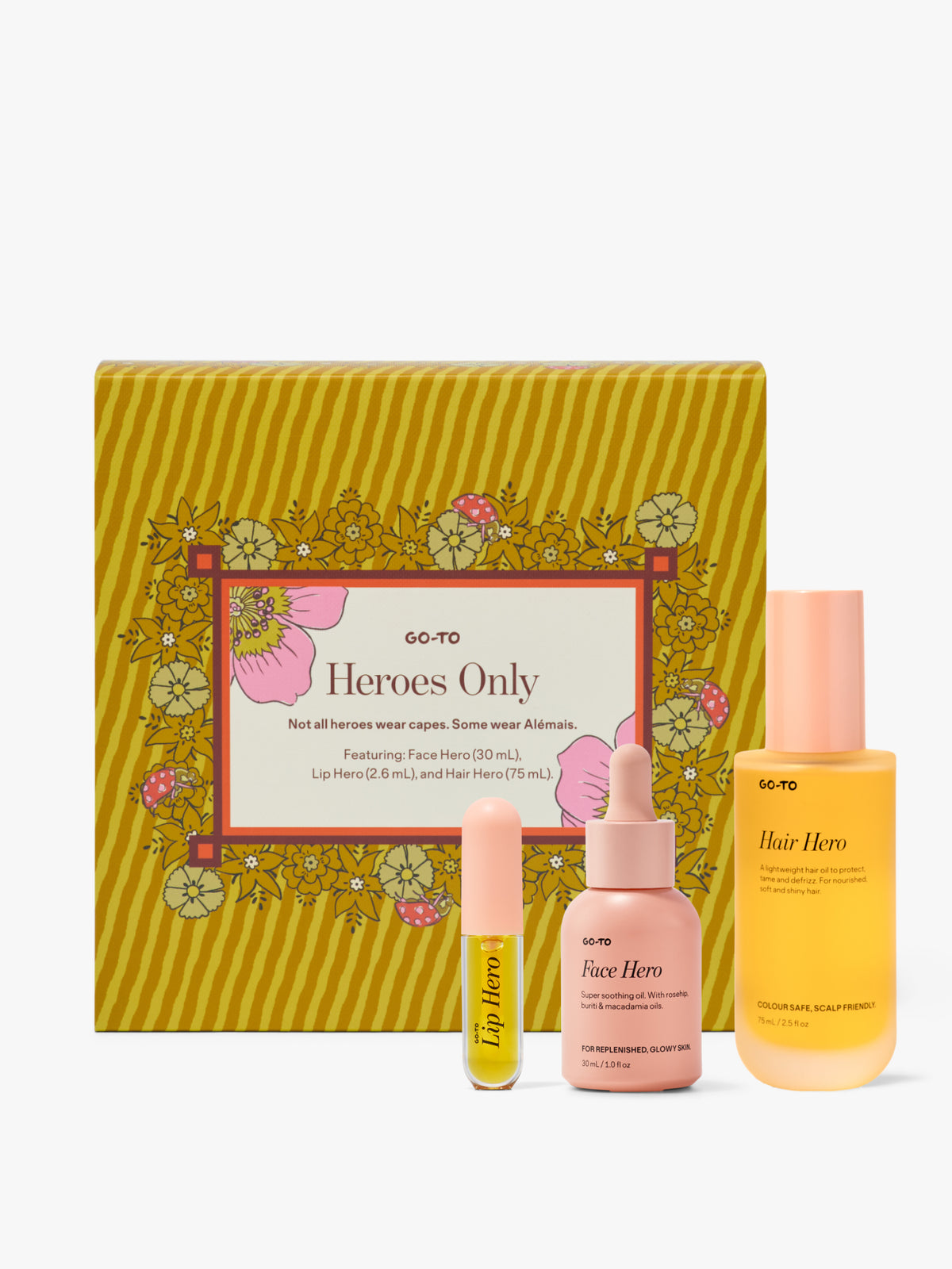 Go-To Skincare Heroes Only gift set with a yellow floral box and Lip Hero Face Hero and Hair Hero products displayed against a white background