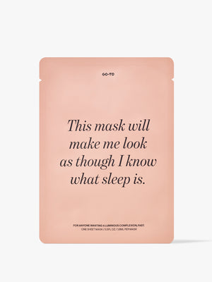 Go-To Skincare Transformazing Single sheet mask in peach packaging with the message This mask will make me look as though I know what sleep is